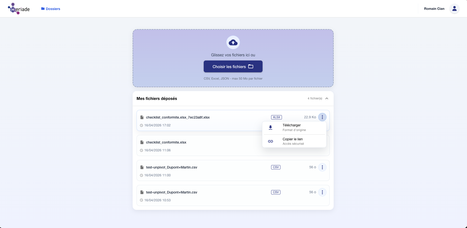 Menu d actions d un fichier : Telecharger et Copier le lien